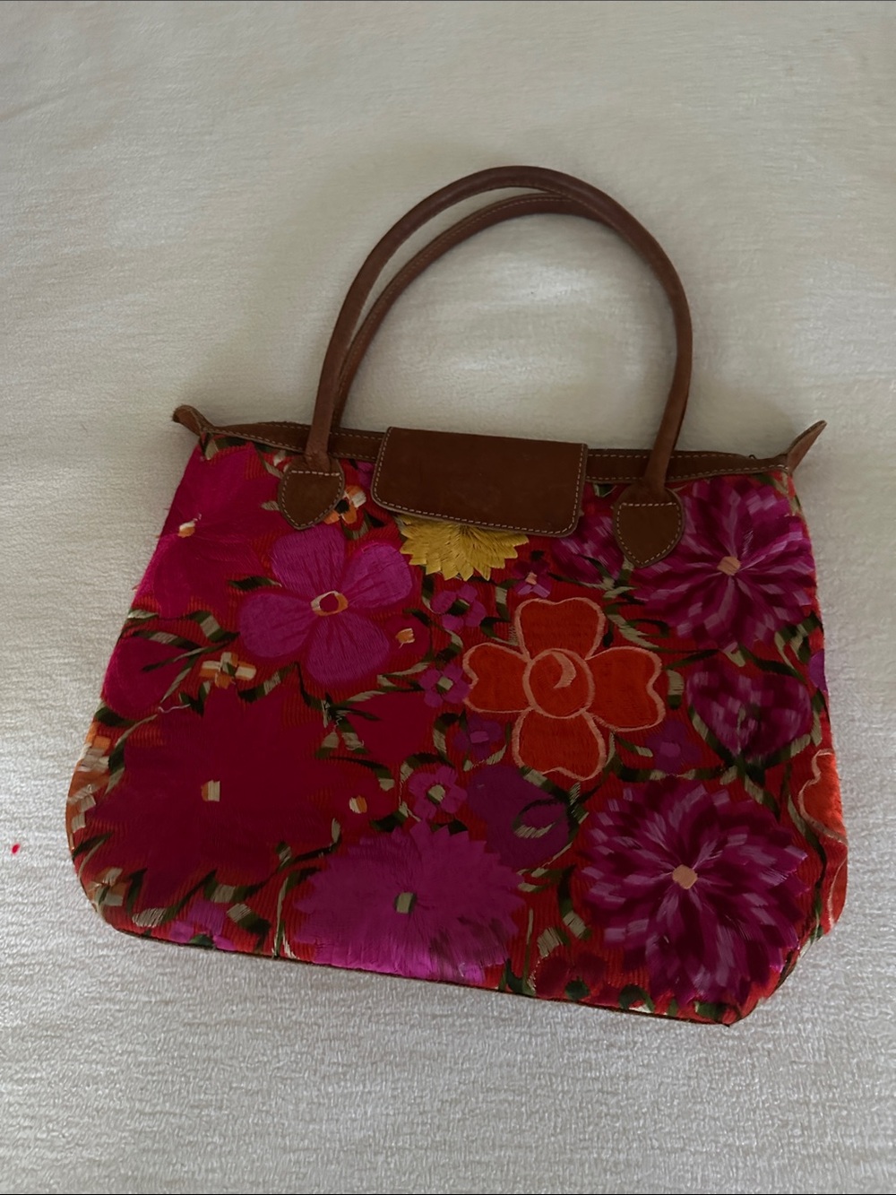 Floral Pink Canvas Tote with Brown Handles